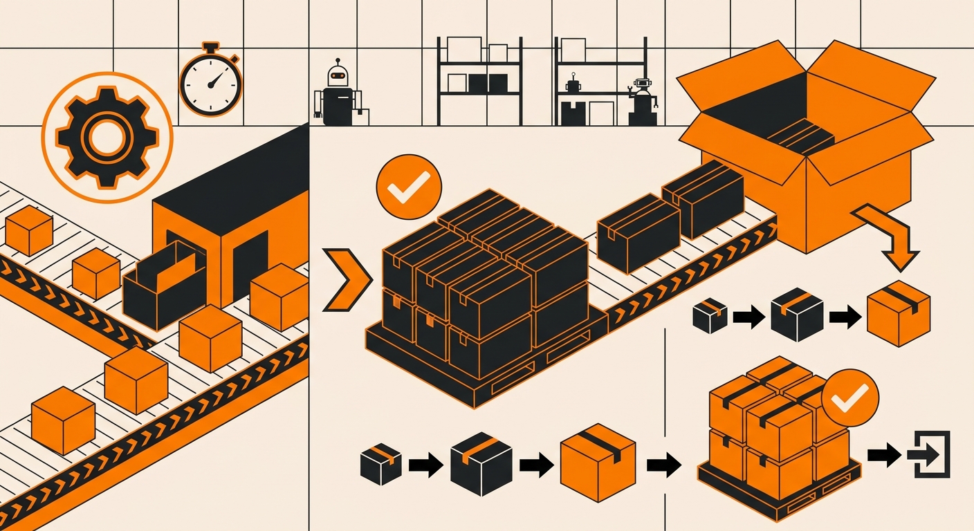 A modern warehouse or packaging line scene showing products being organized into smaller grouped bundles before being placed