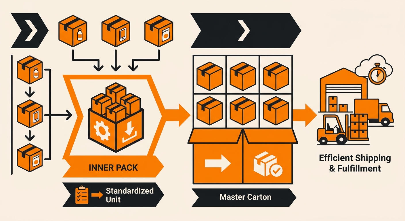 Diagram of the four-level packaging hierarchy showing each unit, inner pack, master carton, and pallet layers with arrows indicating how inner packs group fixed quantities of retail units inside a master carton for 3PL warehouse operations