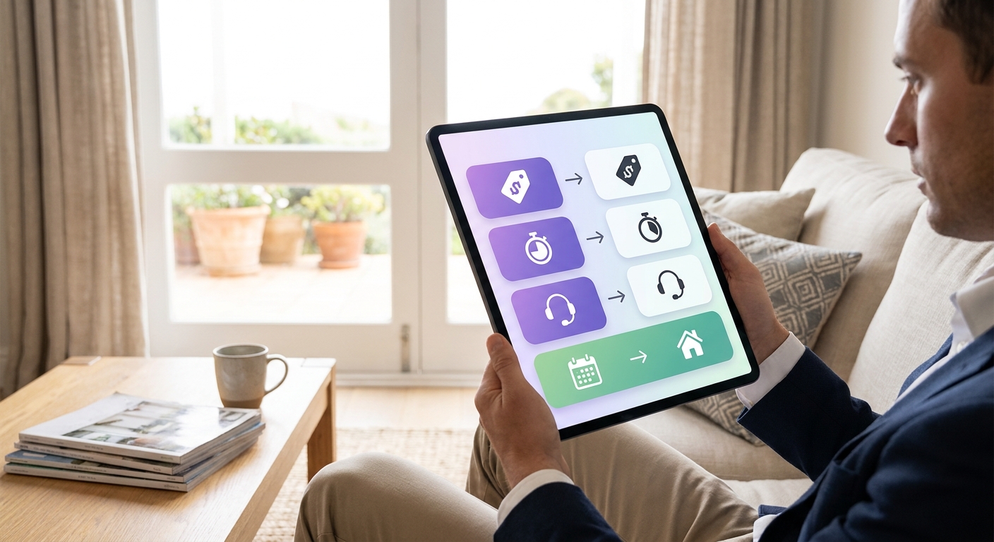 A property owner stands in a stylish living room of a vacation rental, checking a dashboard on a tablet that compares booking
