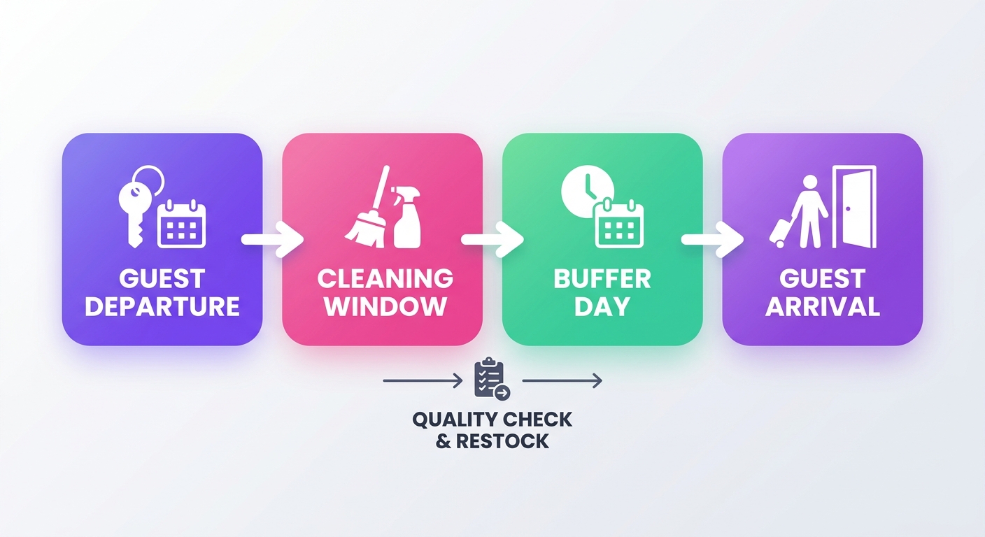 A professional home-office scene featuring a vacation rental owner comparing booking dates, guest arrivals, and cleaning sche