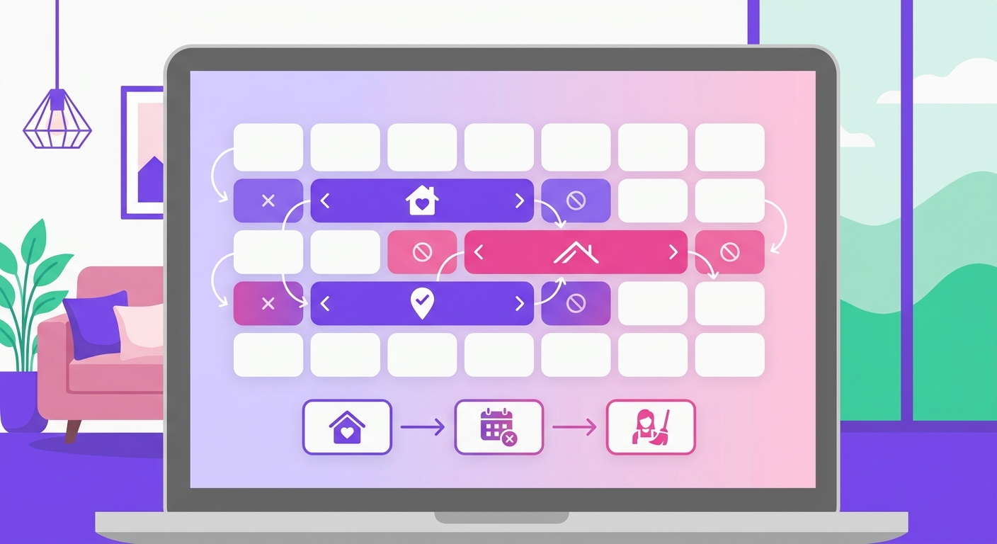 A close-up of a laptop screen displaying a short-term rental calendar dashboard with Airbnb, VRBO, and Booking.com-style list