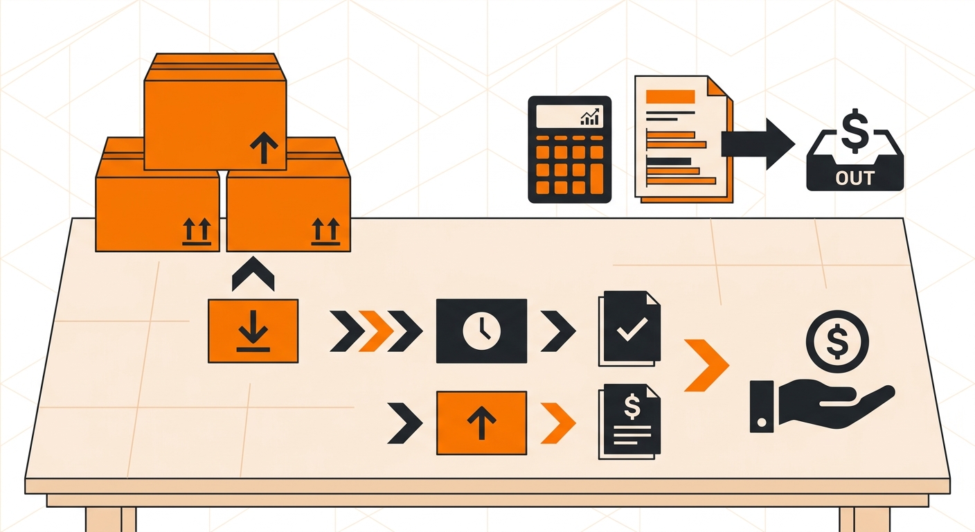 A clean office desk scene featuring stacked inventory boxes, a calculator, and financial documents labeled with inventory lay