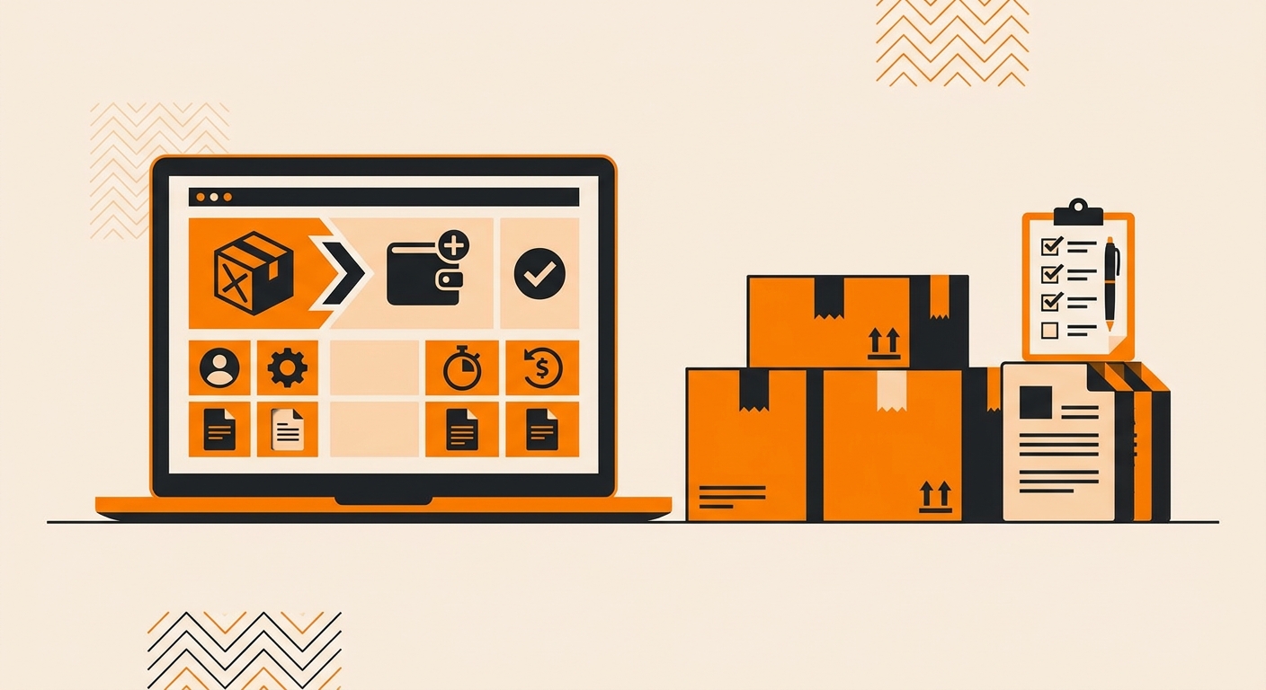A professional customer support and operations concept image featuring a laptop displaying a returnless refund policy configu