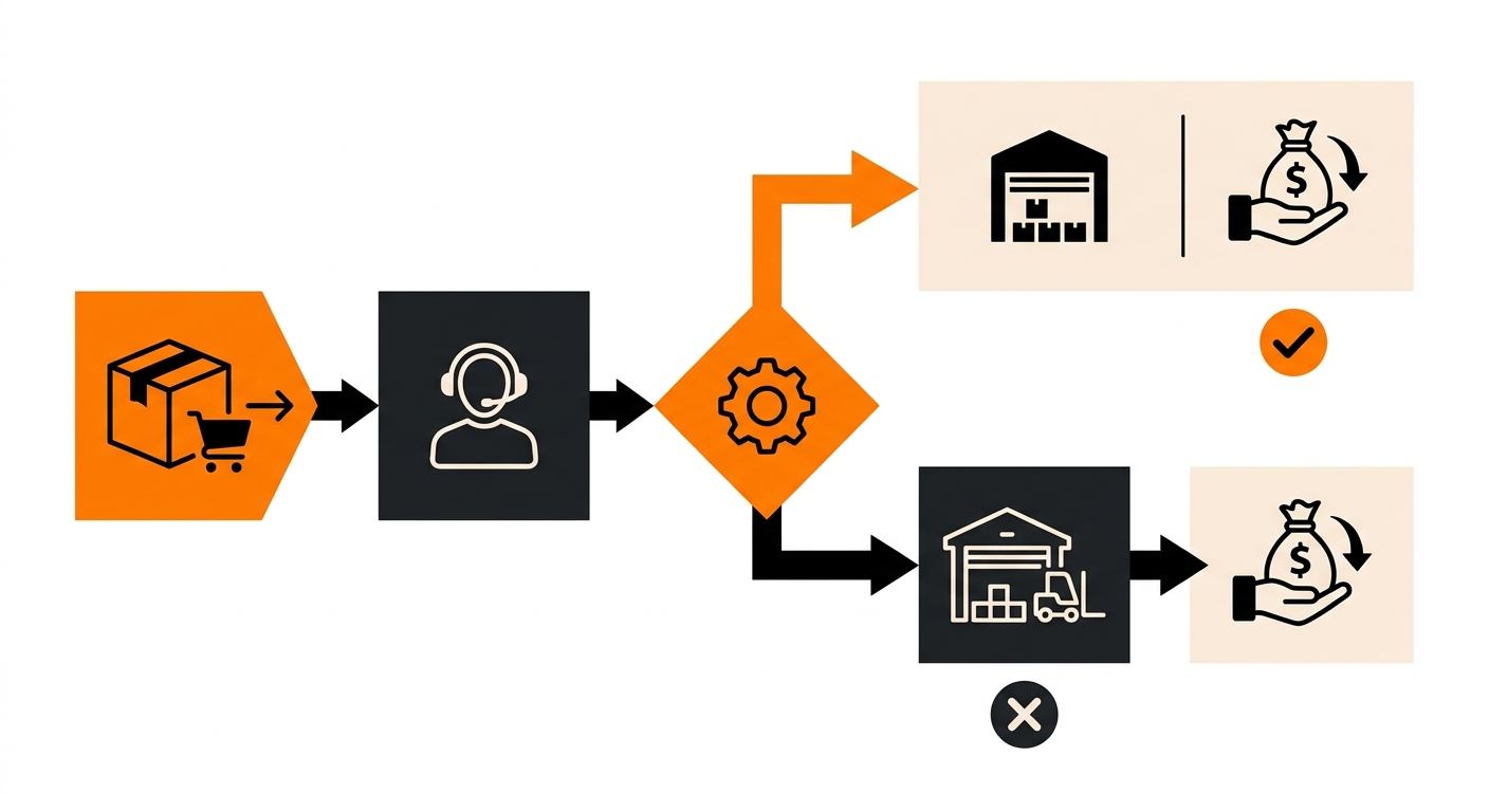 A polished illustration of a fulfillment workflow diagram that highlights the decision path for issuing returnless refunds, i
