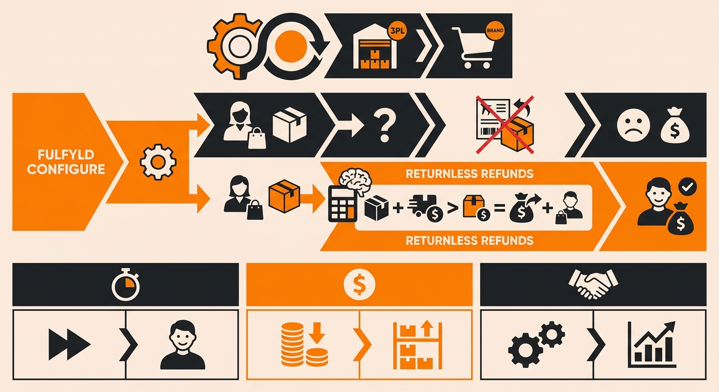 Infographic showing the returnless refund decision flow in eCommerce fulfillment: a return request enters the OMS, the system checks SKU eligibility and order value thresholds, approves a returnless refund automatically, updates WMS inventory as a write-off, suppresses the carrier return label, and logs the event in the analytics dashboard