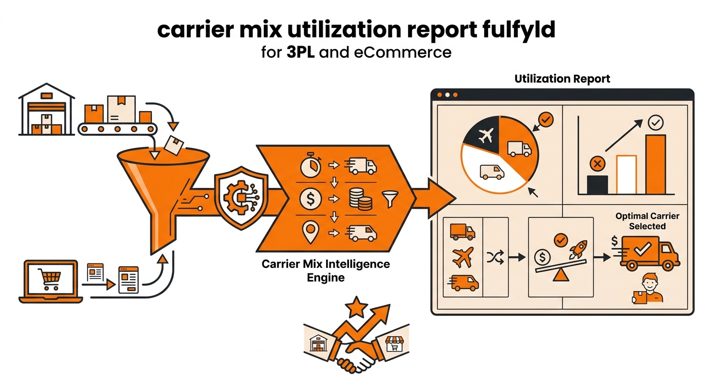 Infographic showing outbound shipment volume distributed across USPS, UPS, and a regional carrier with cost-per-shipment and on-time delivery rate metrics displayed for each carrier allocation slice