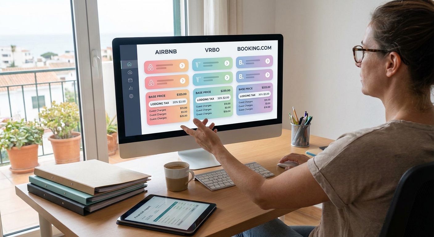 A clean home-office setup inside a vacation rental shows a property owner comparing booking details from Airbnb, VRBO, and Bo