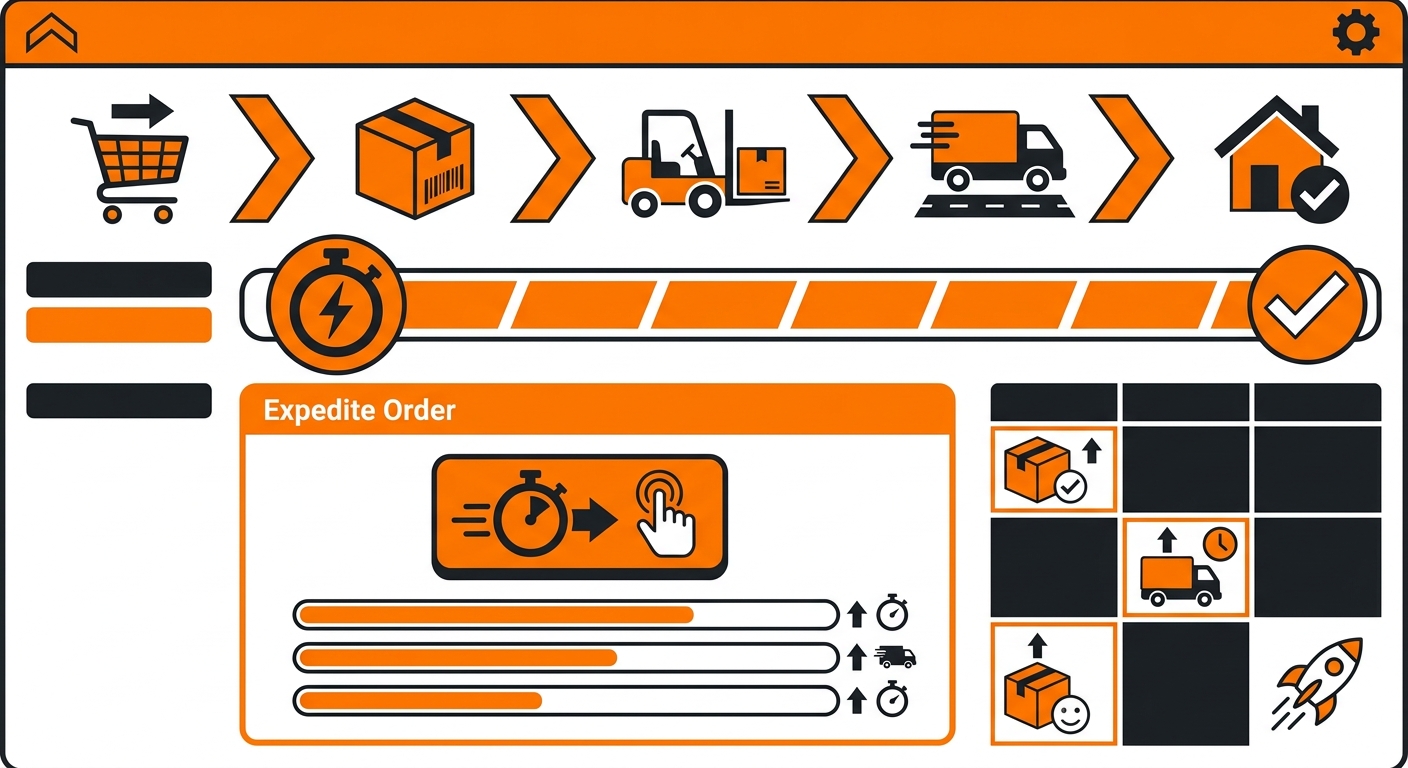 A clean dashboard-style illustration showing an eCommerce order management screen with a highlighted 'Expedite Order' option,