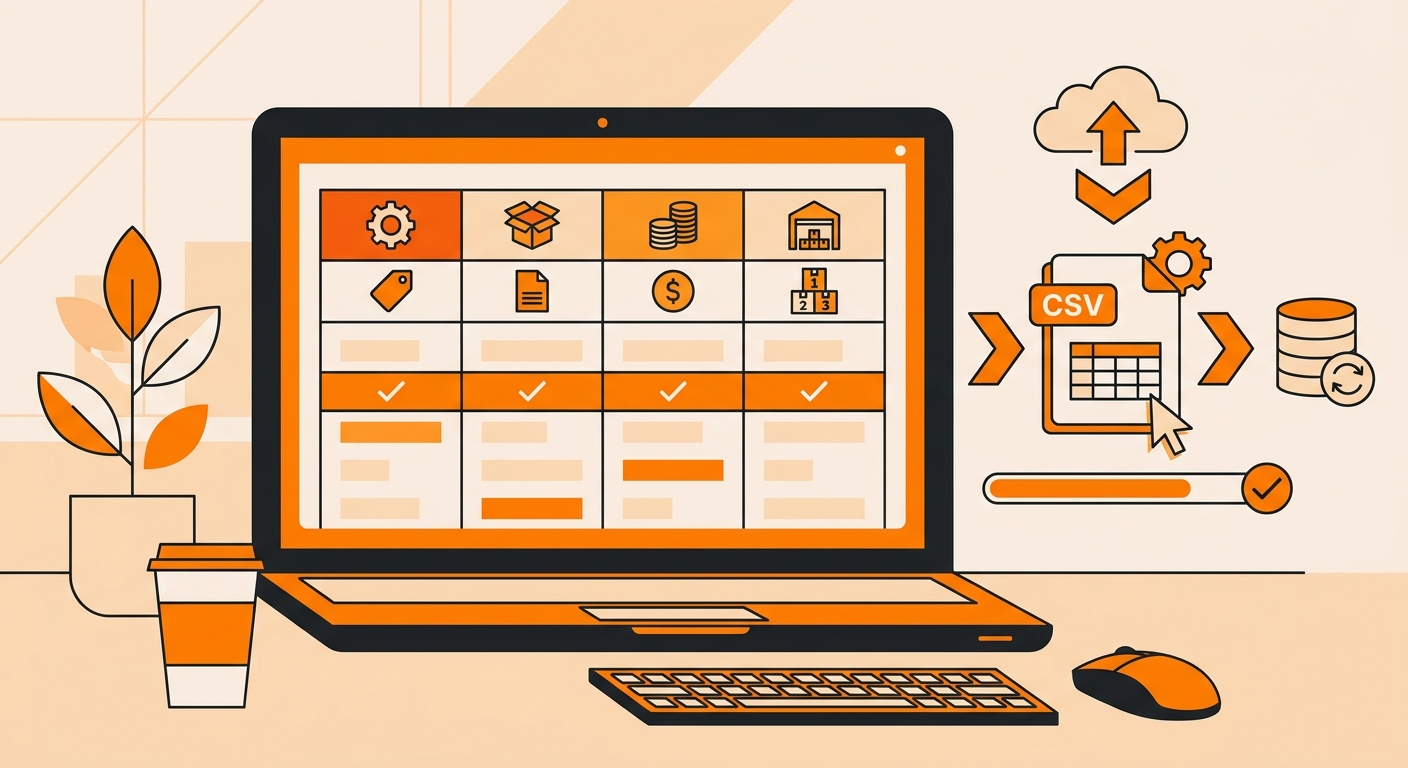 A clean workspace scene showing a laptop with a spreadsheet open, highlighting columns for SKU, product name, price, and inve