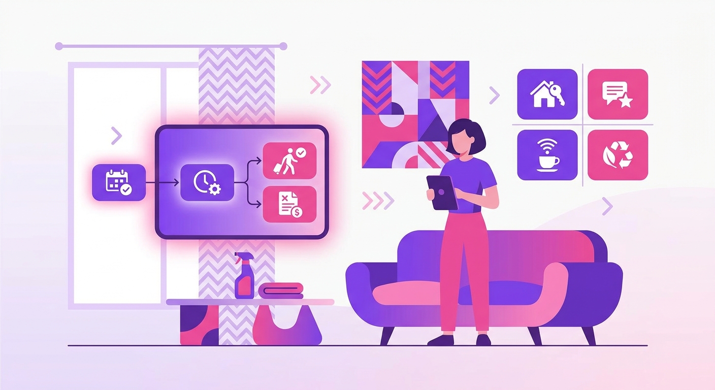 A property owner stands in a stylish residential vacation rental living room, checking reservation settings and cancellation