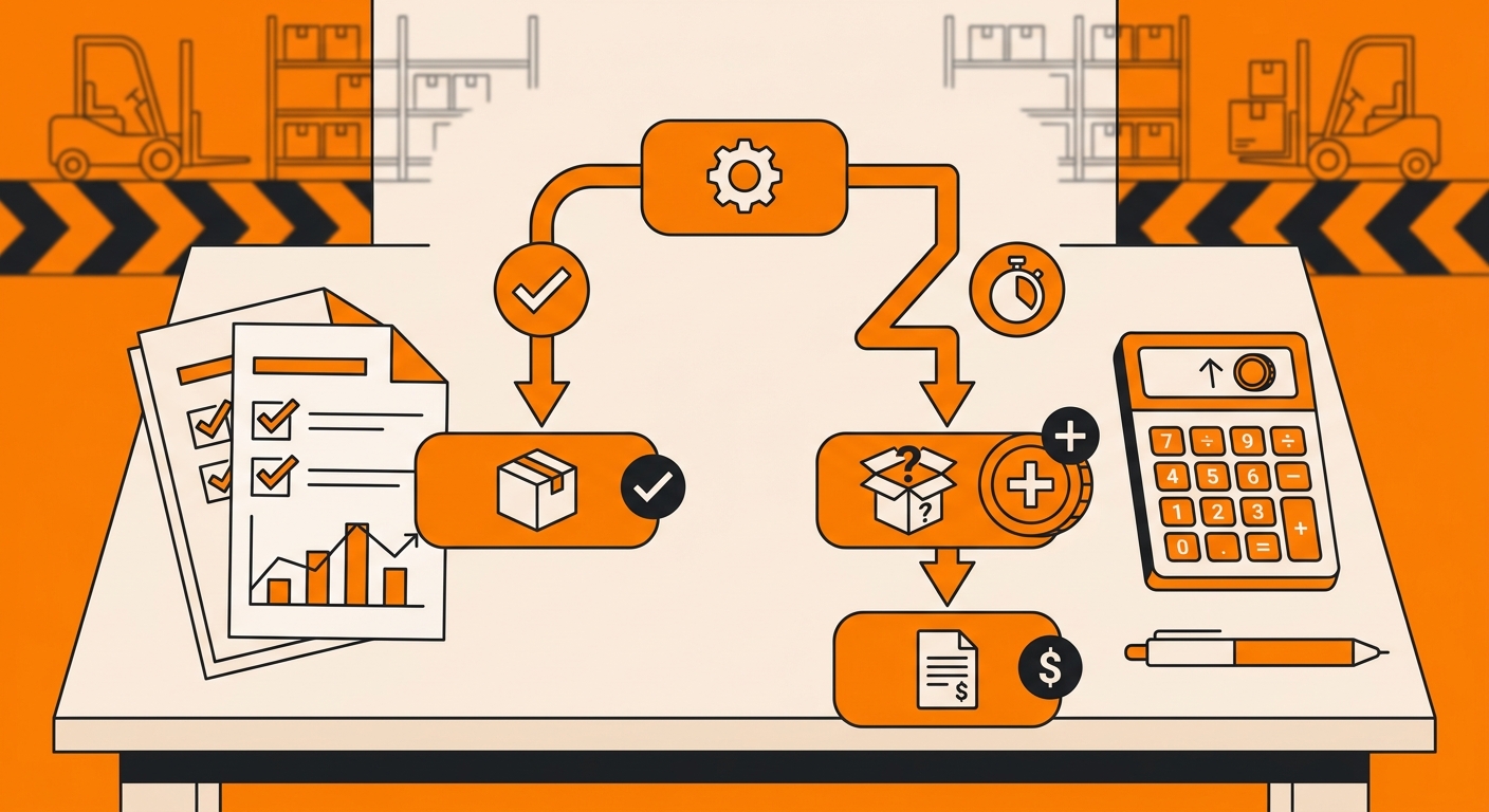 A professional close-up of shipping documents, inventory reports, and a calculator on a desk with a blurred warehouse backgro
