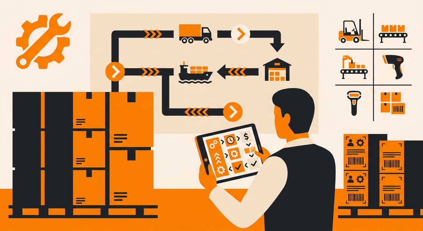 A clean warehouse operations scene showing a 3PL manager reviewing a custom logistics project plan on a tablet beside pallets