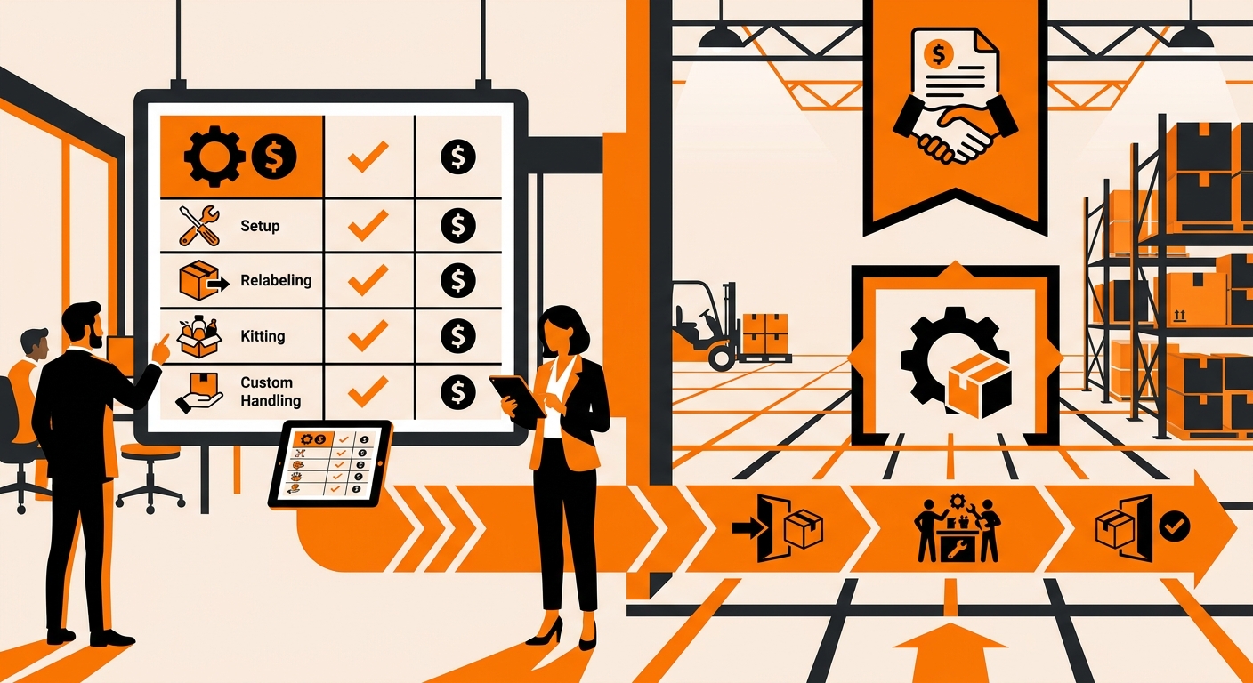 A modern office-and-warehouse visual featuring a logistics team discussing a pricing sheet with line items for setup, relabel