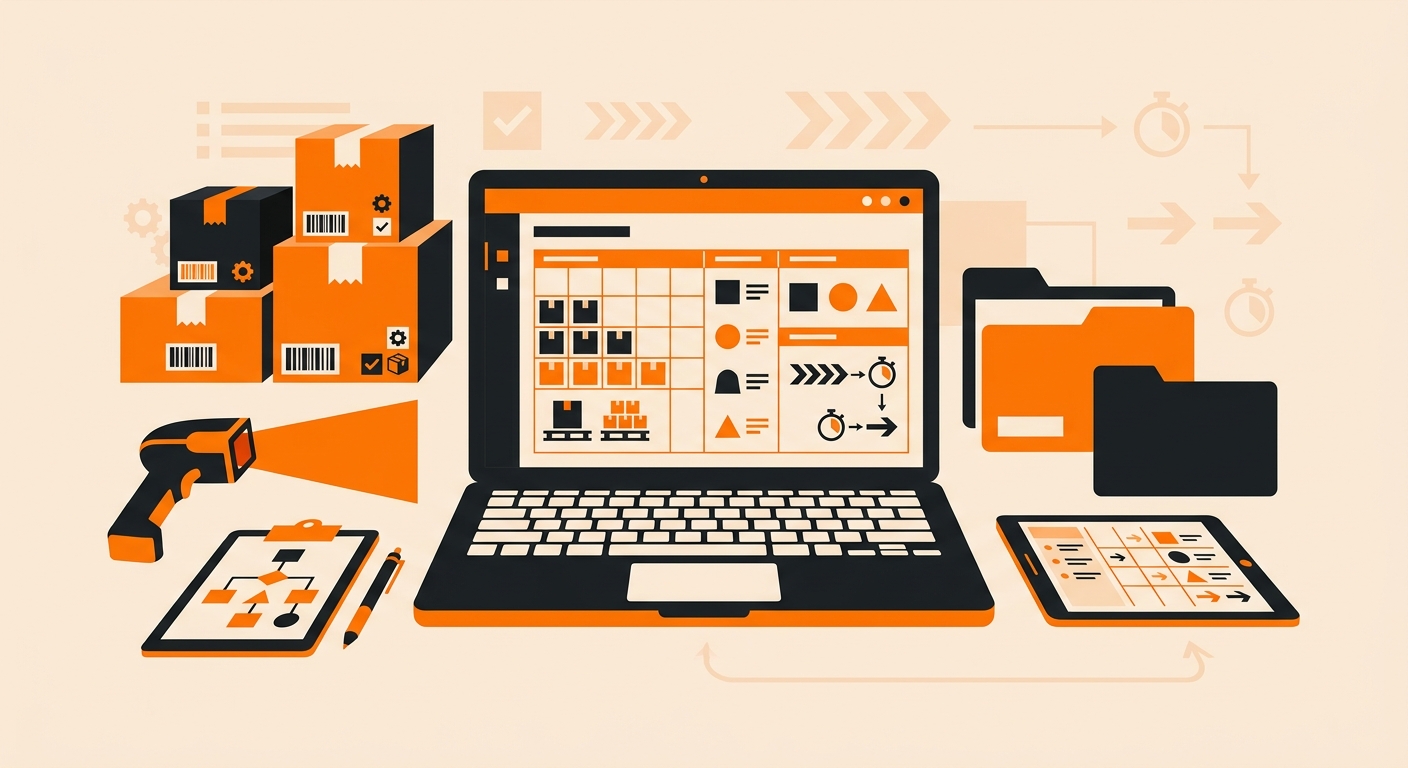 A minimalist flat-lay or workspace image with barcode scanner, packaged goods, and a laptop displaying an inventory dashboard