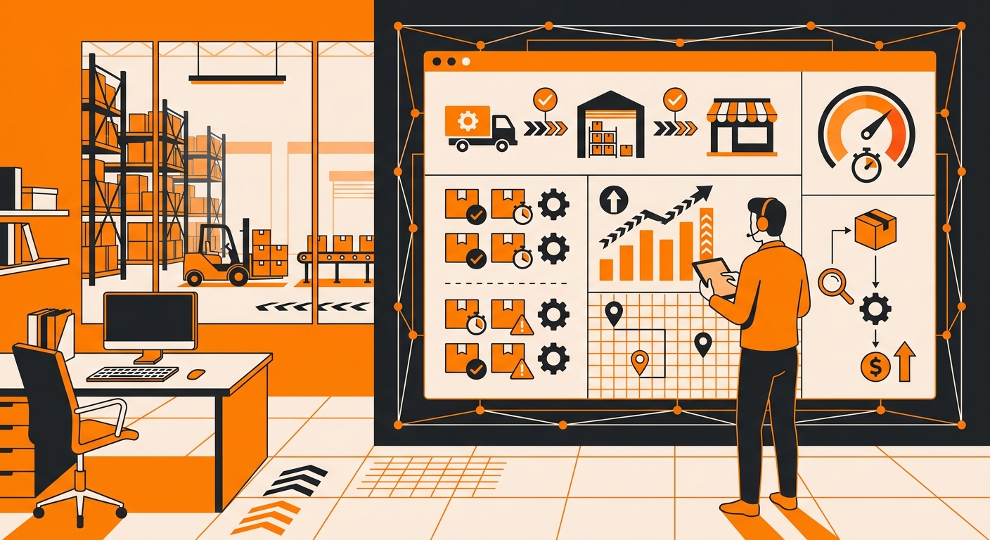 A professional office-and-warehouse hybrid visual featuring a supply chain manager reviewing inventory data on a screen with