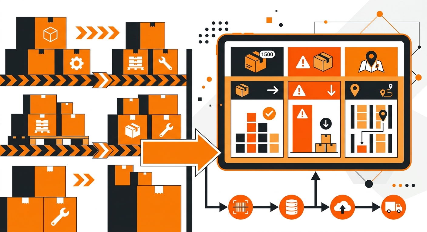 A clean warehouse scene showing shelves of labeled products alongside a tablet or desktop dashboard displaying stock counts,