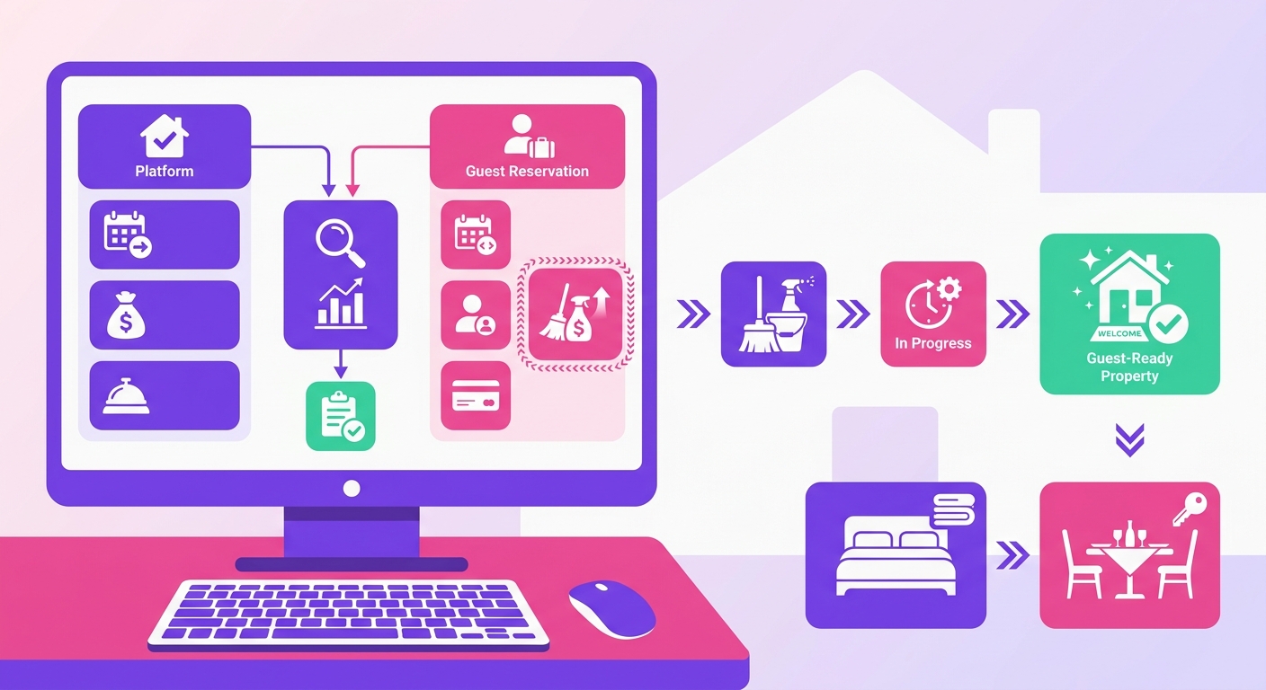 A desktop workspace inside a stylish Airbnb-style rental shows a host analyzing a booking summary with platform-style logos a