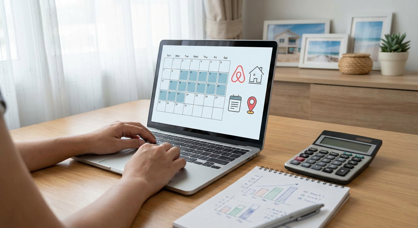 A clean home-office setup shows a property owner calculating rental property depreciation using a laptop dashboard with calen