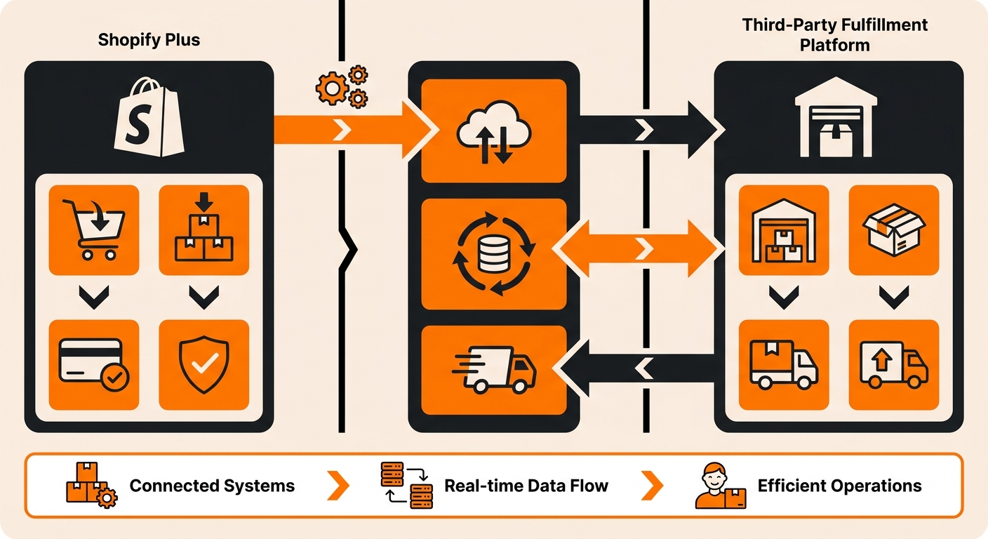 A clean dashboard-style illustration showing Shopify Plus connected to a third-party fulfillment platform, with order, invent