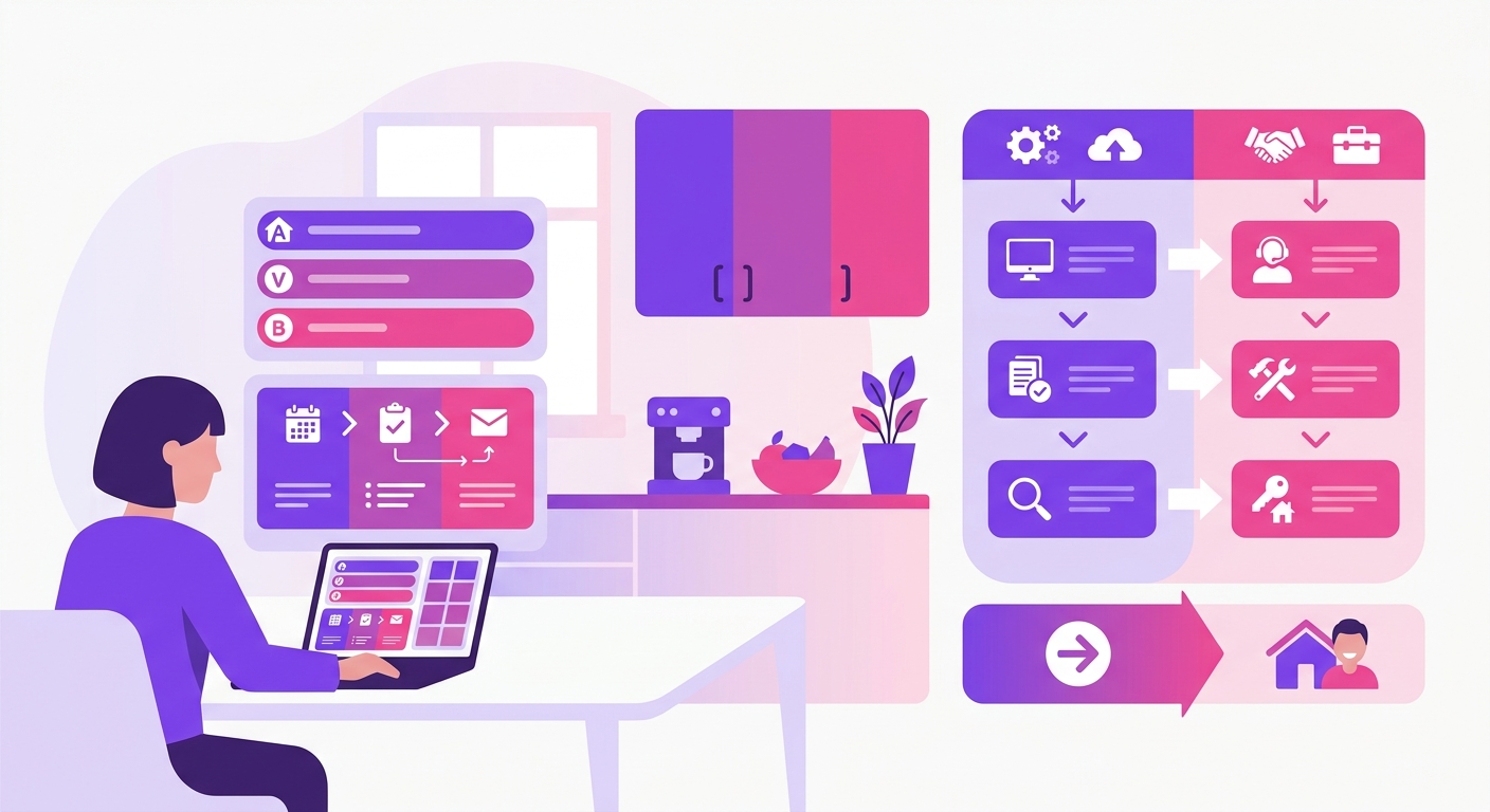 A short-term rental owner sits at a laptop in a bright vacation home kitchen, reviewing a property management dashboard that 