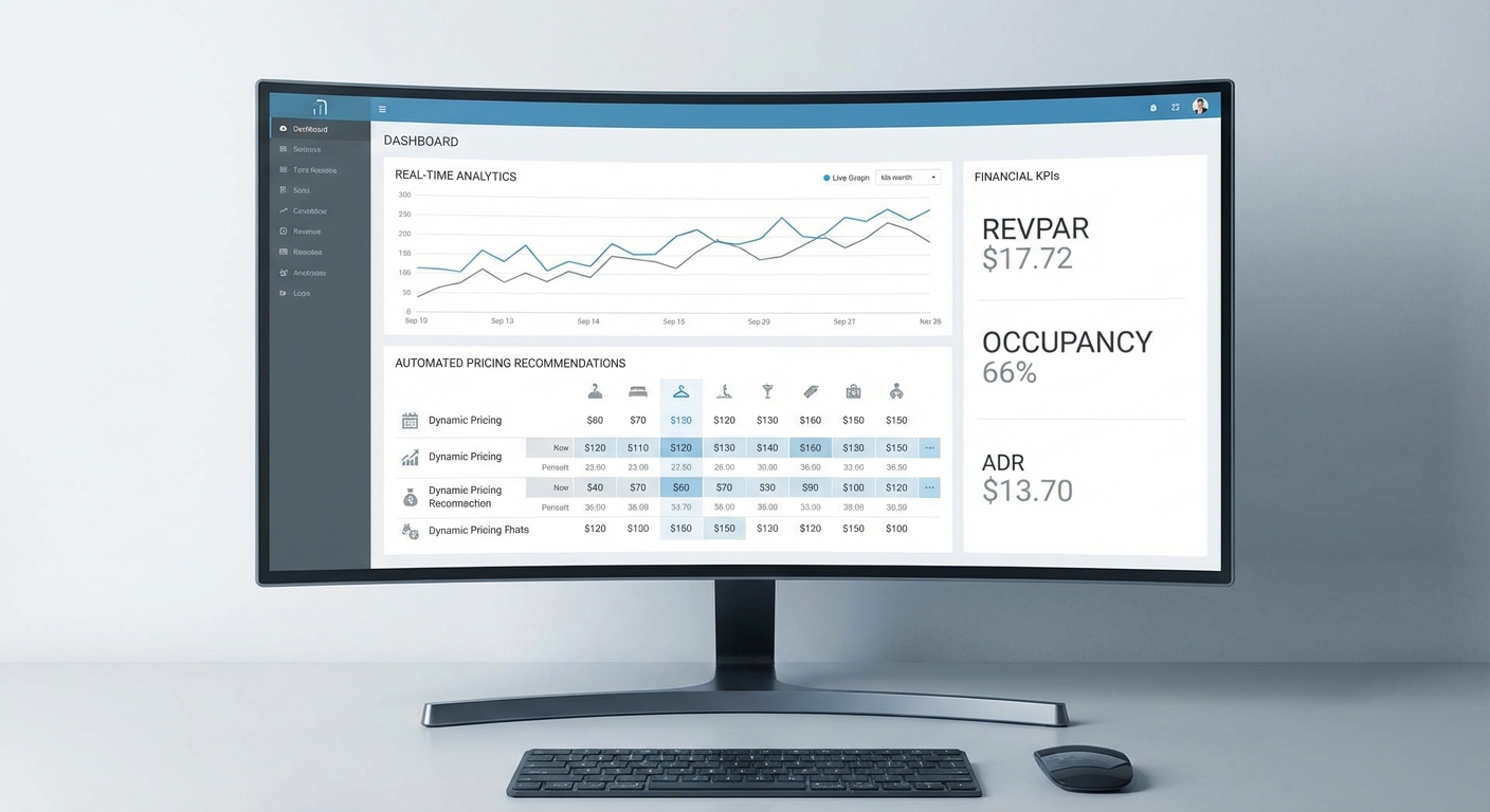 A sleek close-up of a computer screen featuring revenue management software with real-time analytics, automated pricing recom
