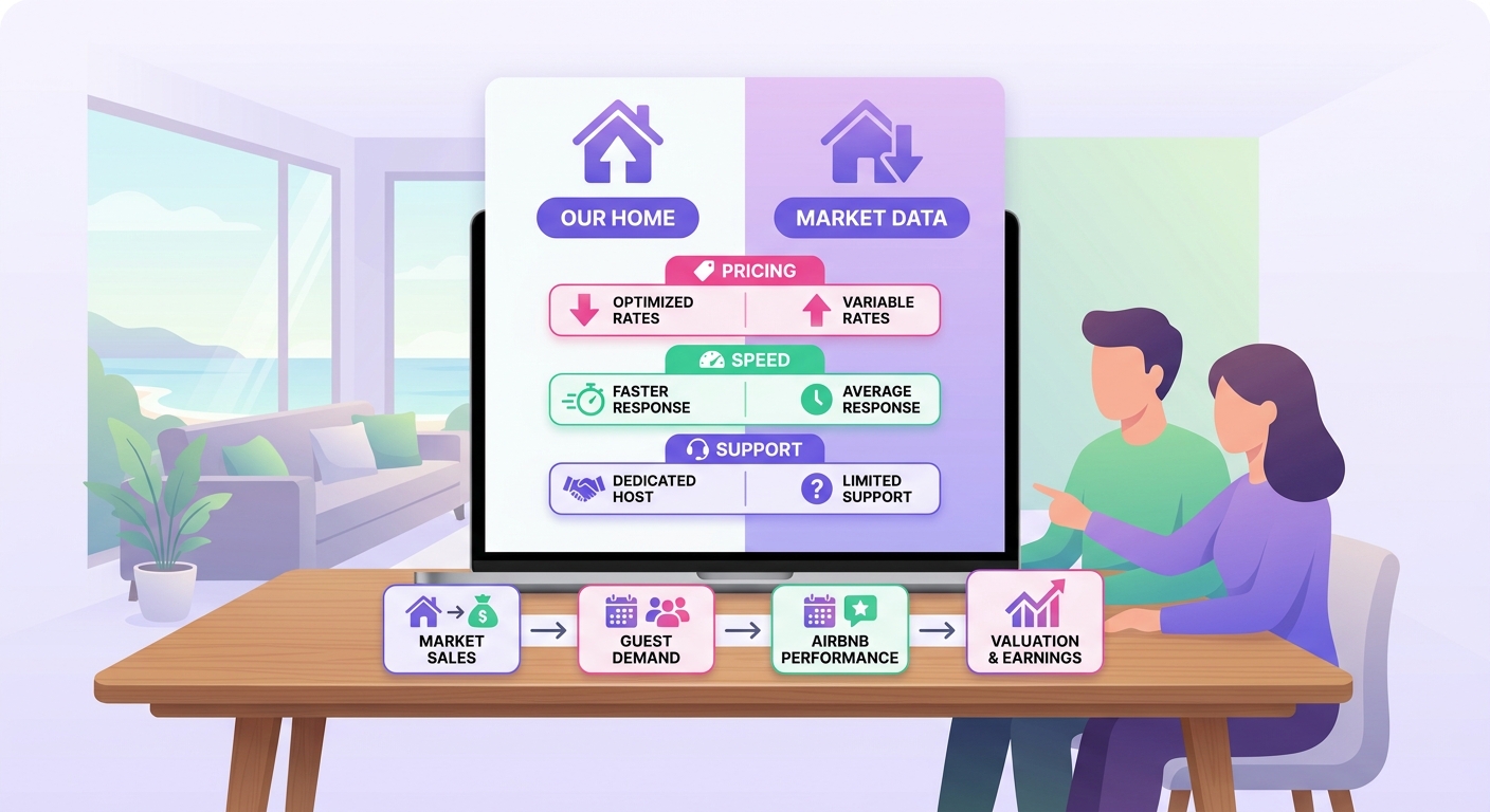 A real estate-style valuation meeting takes place inside a modern vacation home, where a property owner compares neighborhood