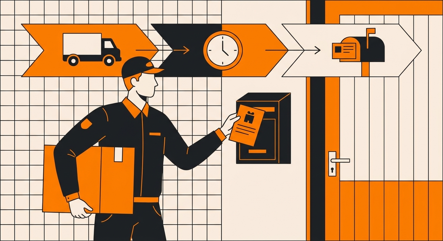 A professional courier in a neat uniform placing a delivery attempt notice into a mailbox or on a door, with a package visibl