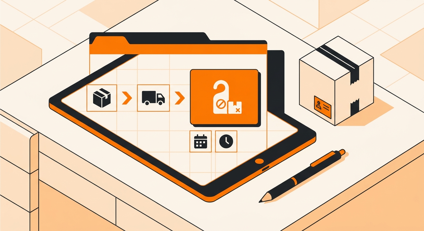 A logistics-themed image showing a shipping tracking interface on a laptop or tablet screen with the status “Notice Left” hig