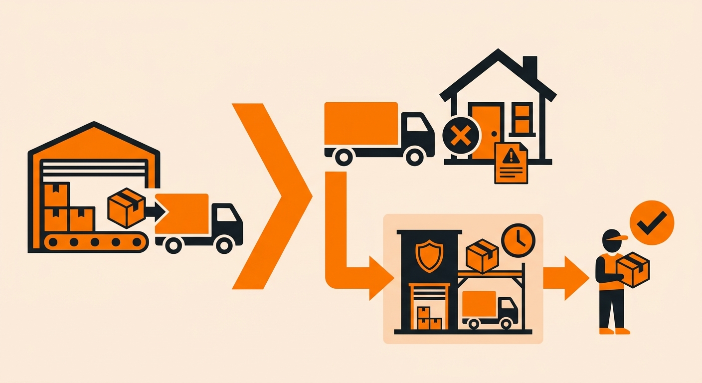 Infographic showing the notice left shipping workflow: carrier attempts delivery, leaves physical slip, tracking status updates to undeliverable, hold window begins, and package returns to sender if no action is taken within 5 to 15 business days