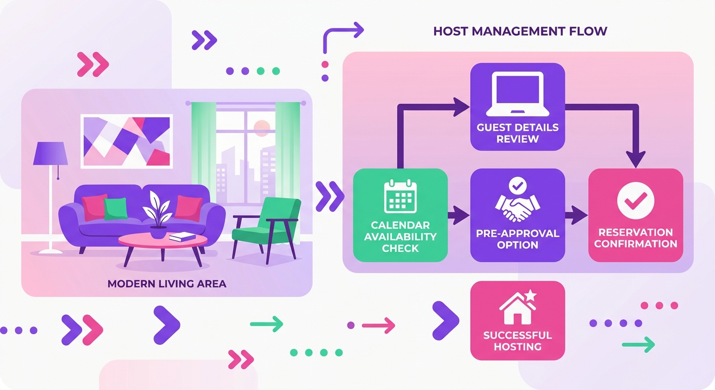 A modern living area in a well-staged Airbnb listing is paired with a close-up of a host using a laptop to review guest detai
