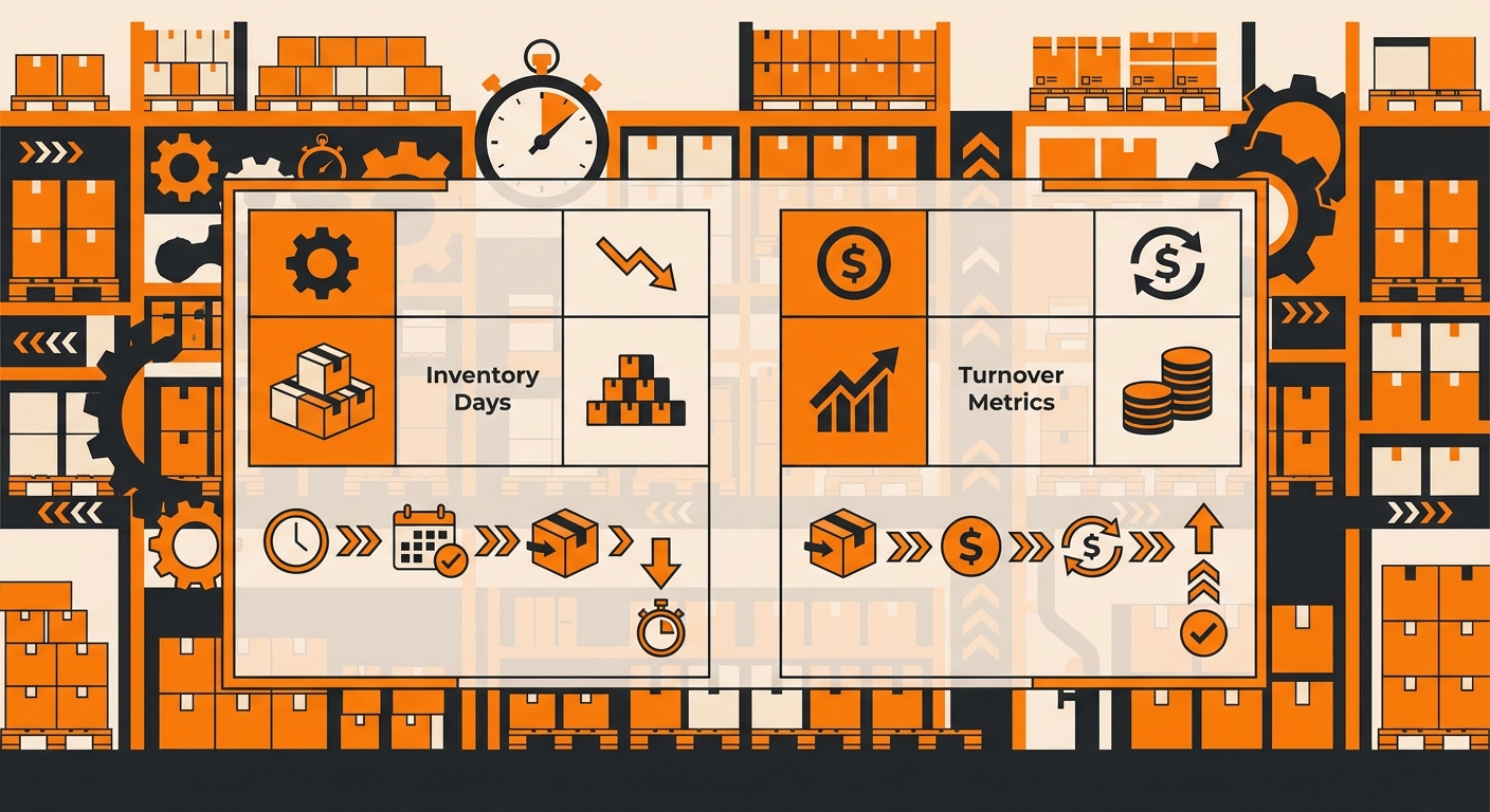 A professional warehouse and finance concept image with shelves of organized inventory in the background and a transparent ov