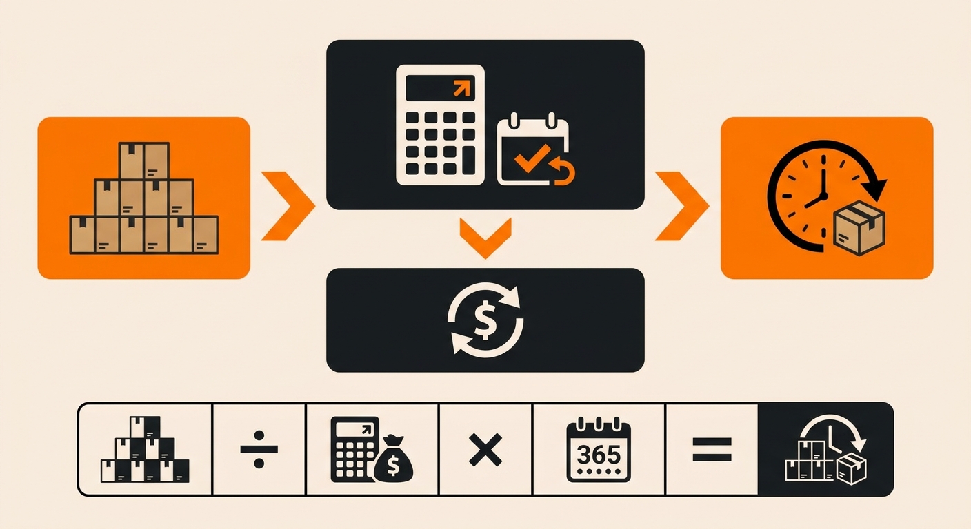 A minimalist infographic-style image showing stacked warehouse boxes, a calendar, and a calculator alongside a simple formula