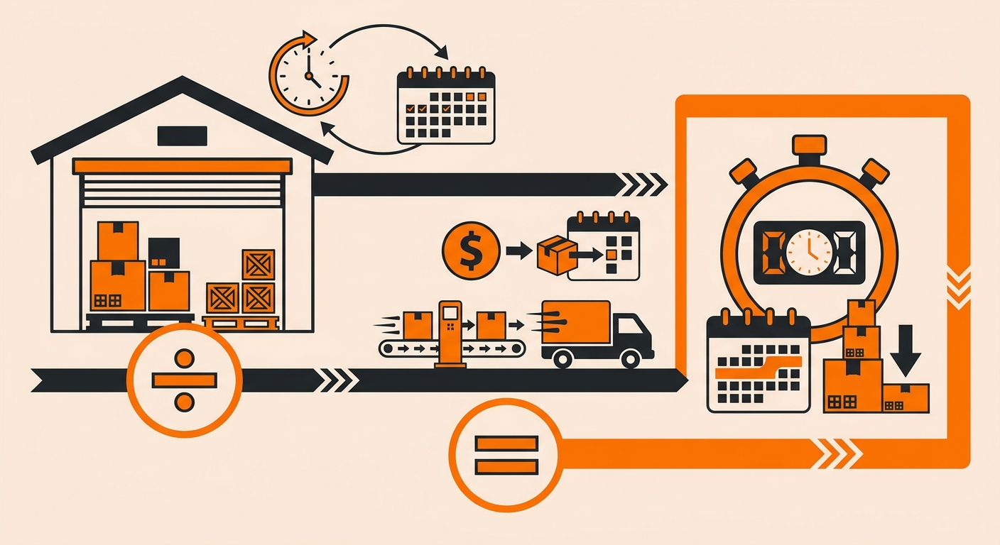 Infographic showing the days sales of inventory formula with labeled inputs — average inventory value, cost of goods sold, and days in period — alongside a worked example for an eCommerce brand and a scale indicating healthy versus high DSI ranges by product category