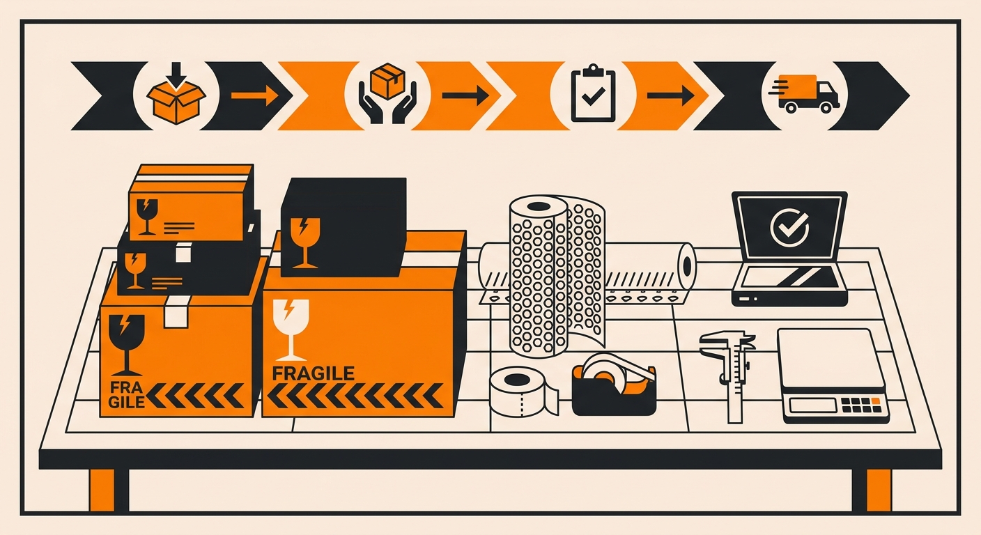 A professional fulfillment center scene featuring neatly labeled boxes marked fragile, arranged alongside packing materials a