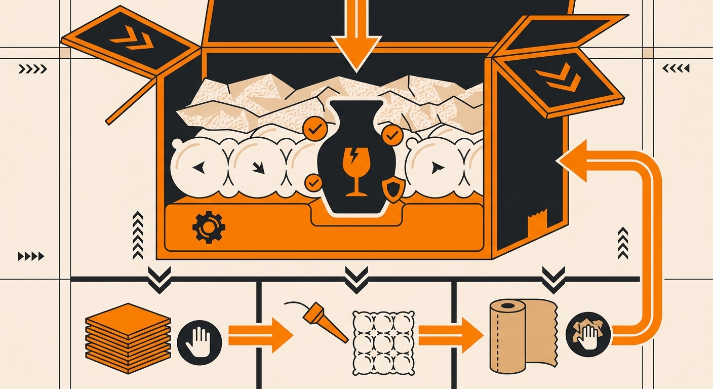 A close-up of an open shipping box showing layered protective materials such as foam inserts, air pillows, and kraft paper se