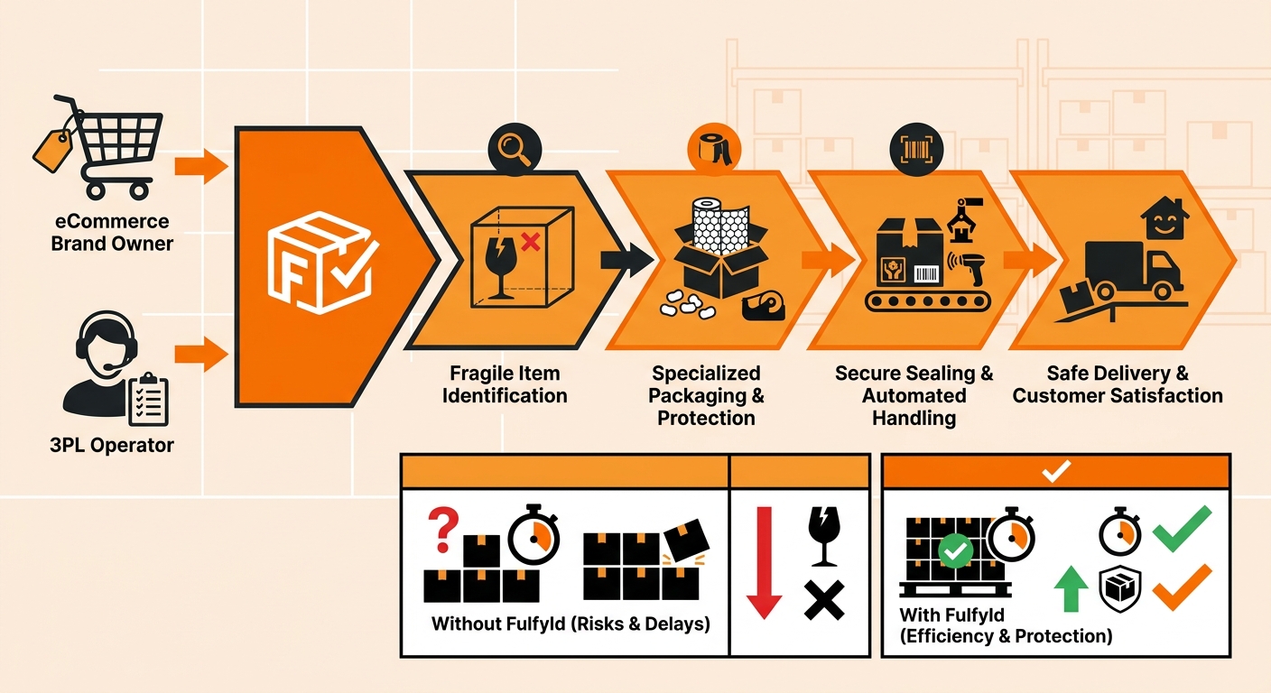 Infographic showing a fragile SKU moving through a 3PL fulfillment workflow: WMS fragility flag at receiving, routing to a dedicated pack station, double-wall corrugated box with 2-inch void fill on all sides, fragile label output, and carrier scan-out confirmation at the dock