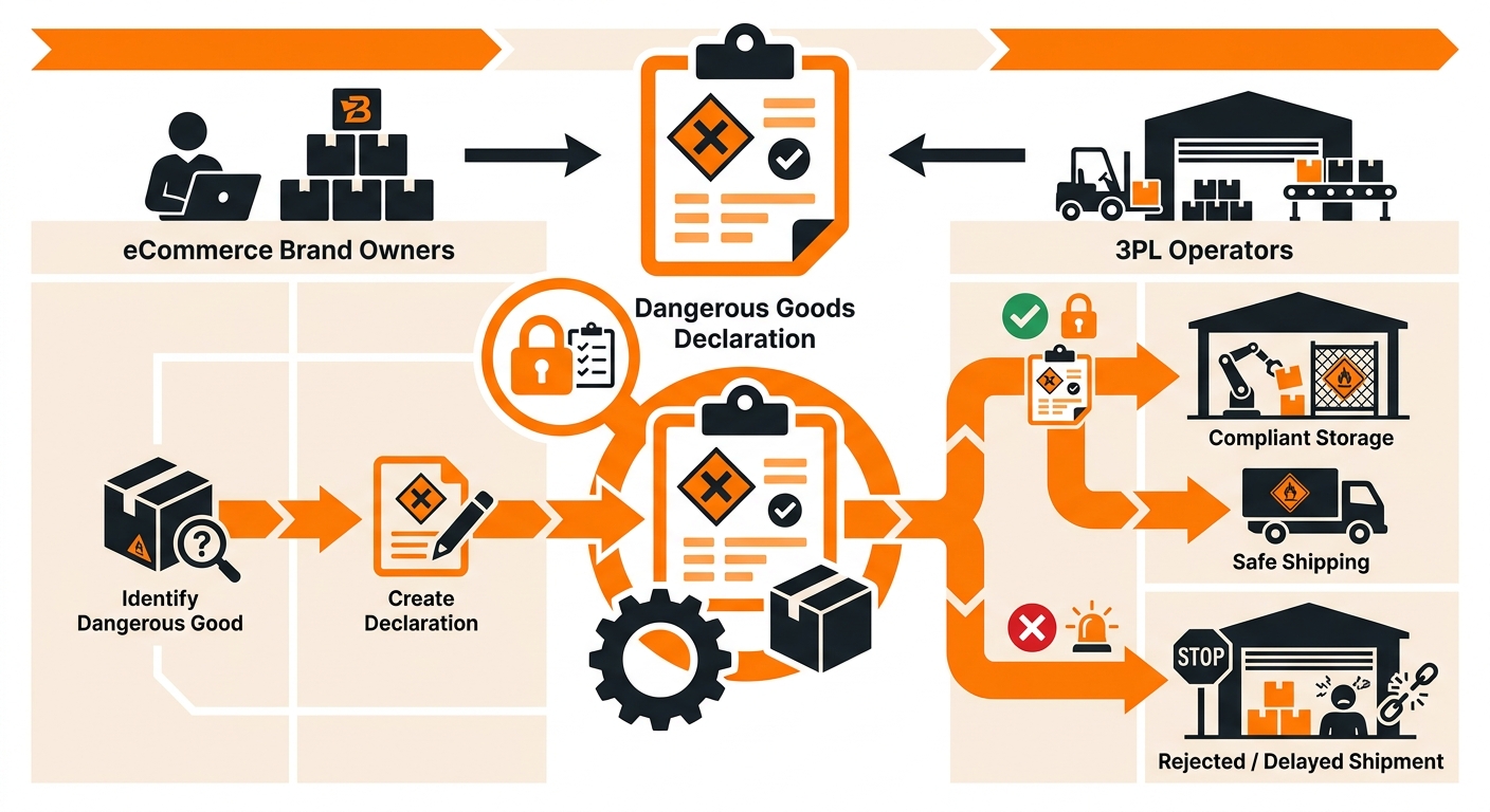 Infographic showing the four stages of dangerous goods declaration processing in eCommerce fulfillment: UN number classification, document preparation, carrier acceptance check, and documentation retention tied to shipment ID in a WMS
