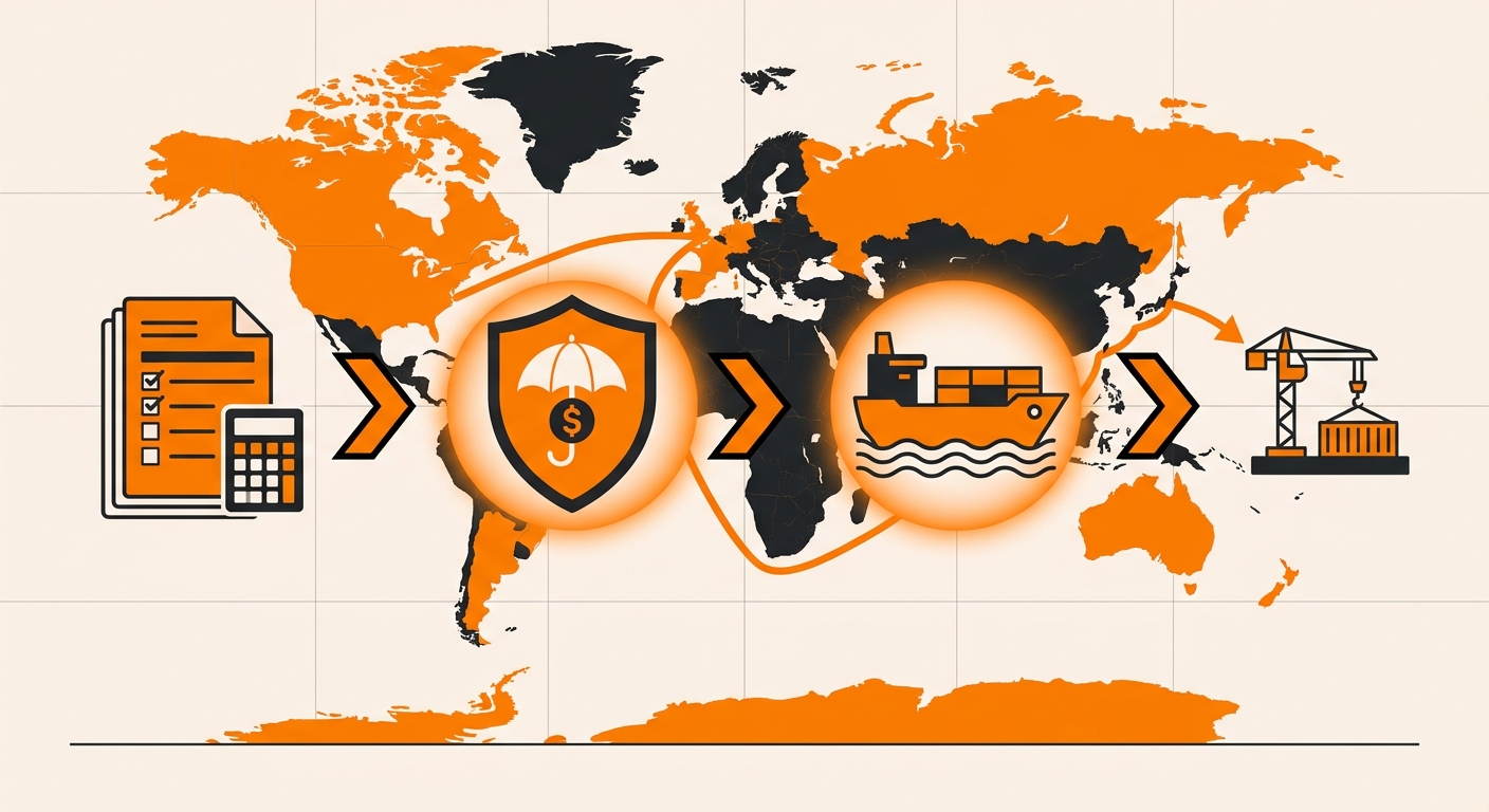 A polished logistics-themed image featuring a world map, shipping routes, and a contract or invoice on a desk with cargo and