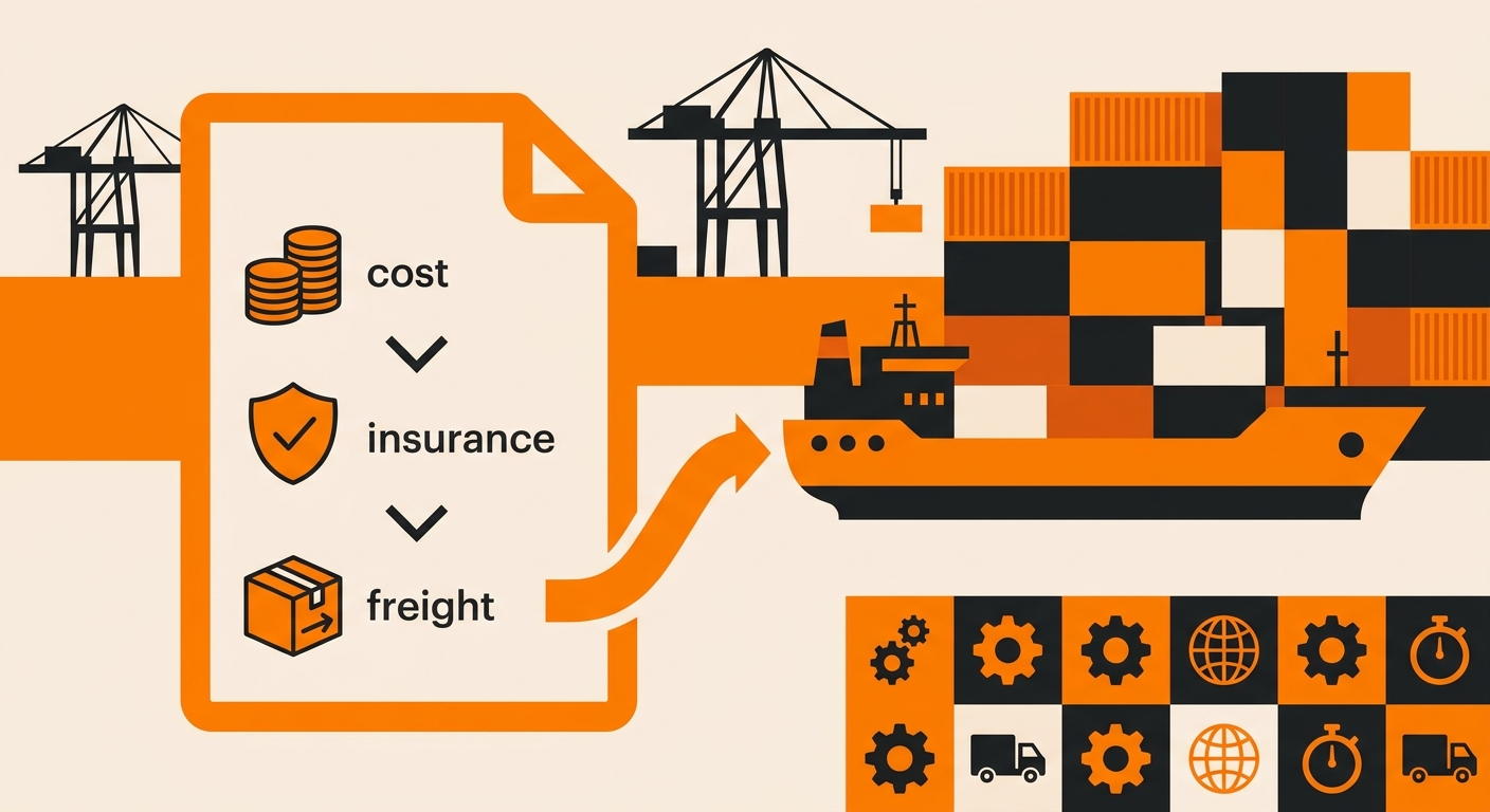 A clean, professional shipping scene showing a cargo vessel at port alongside stacked containers, with an overlaid document l