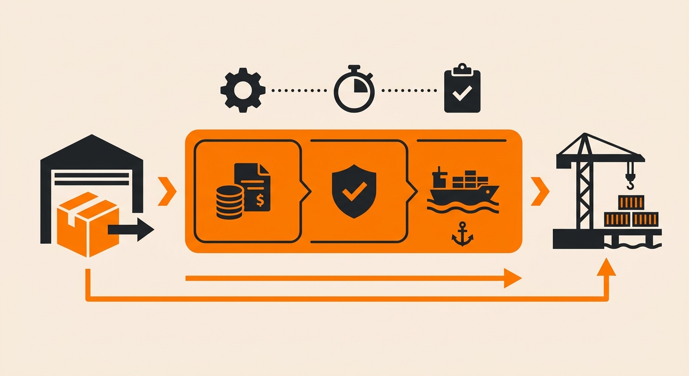 A modern supply chain illustration showing goods moving from exporter to destination port, with visual markers for shipping c