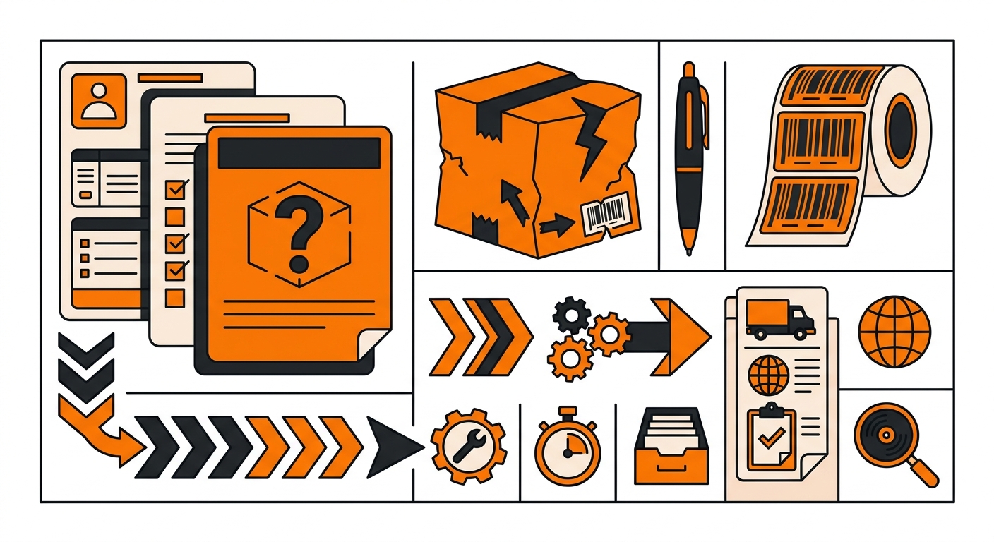 A close-up, business-focused image of freight claim paperwork beside a small visibly damaged package, with a pen, barcode lab