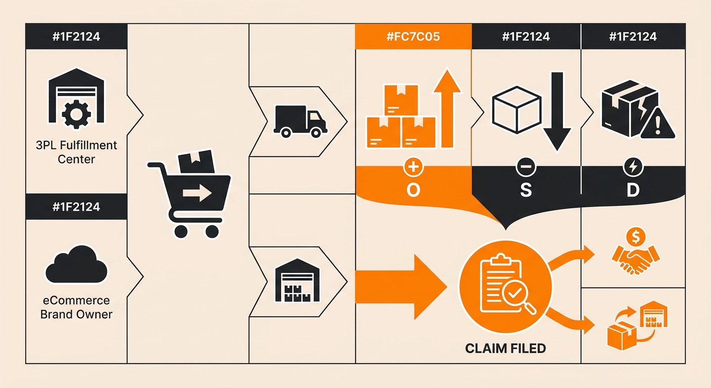 Infographic showing the three categories of an OS&D claim — overage (more units received than the bill of lading shows), shortage (fewer units received than documented), and damage (product arrived in compromised condition) — with a timeline of filing deadlines under the Carmack Amendment
