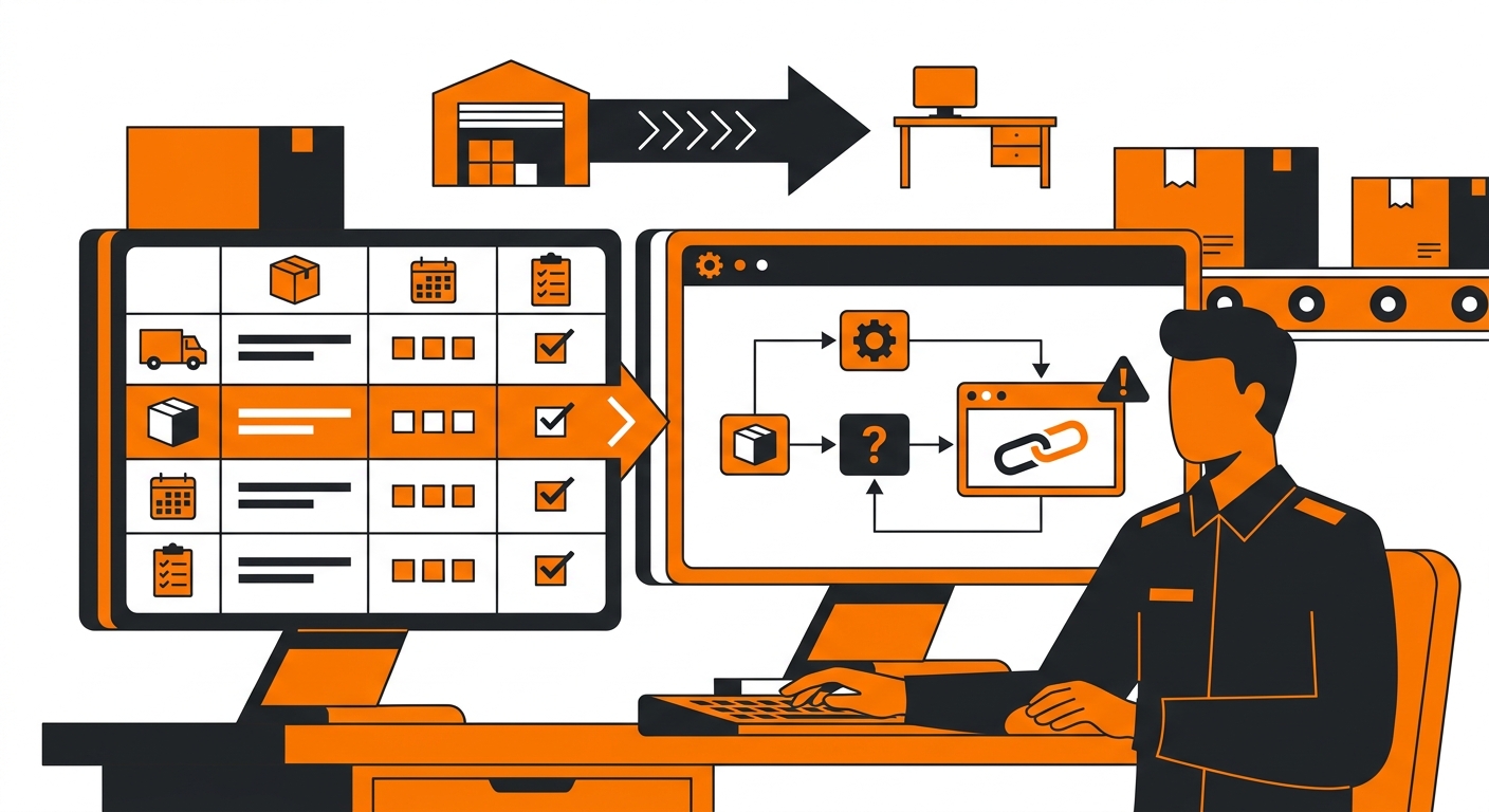 A customer support and logistics workspace features a fulfillment specialist reviewing return data across multiple screens, c