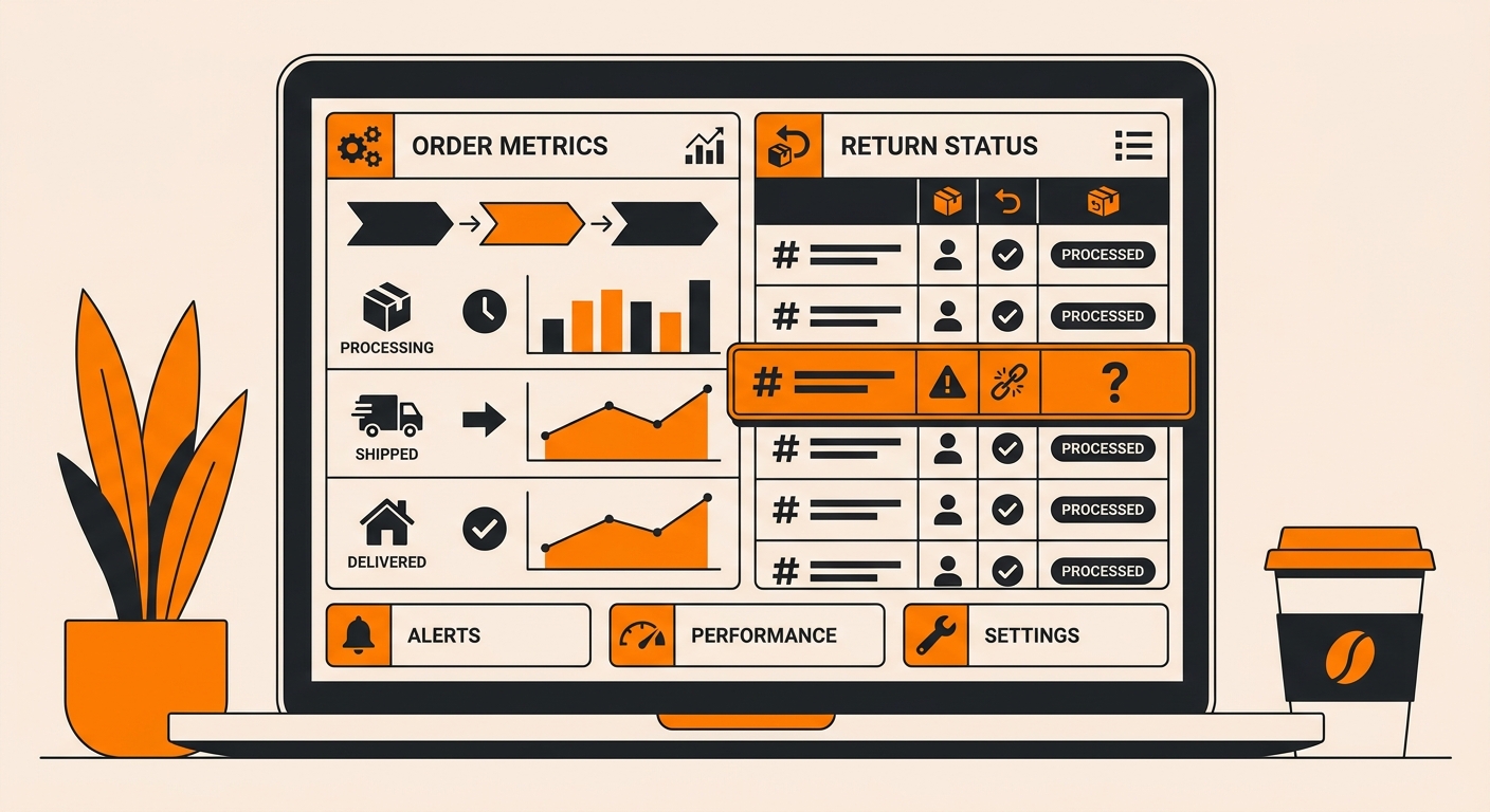 A clean e-commerce operations dashboard displayed on a laptop screen shows order metrics and return status panels, with one r