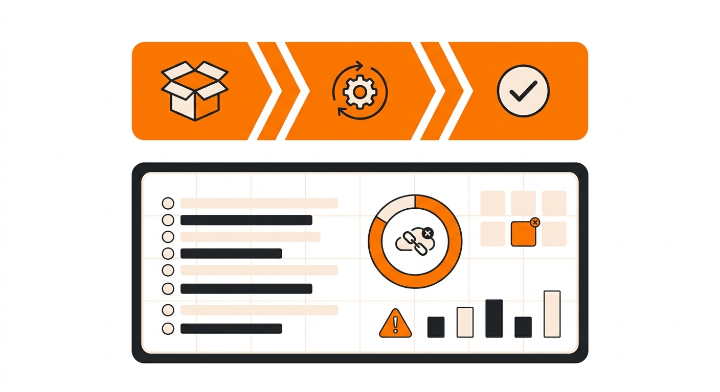A minimalist interface mockup shows a returns management workflow with status tags such as received, processing, and complete