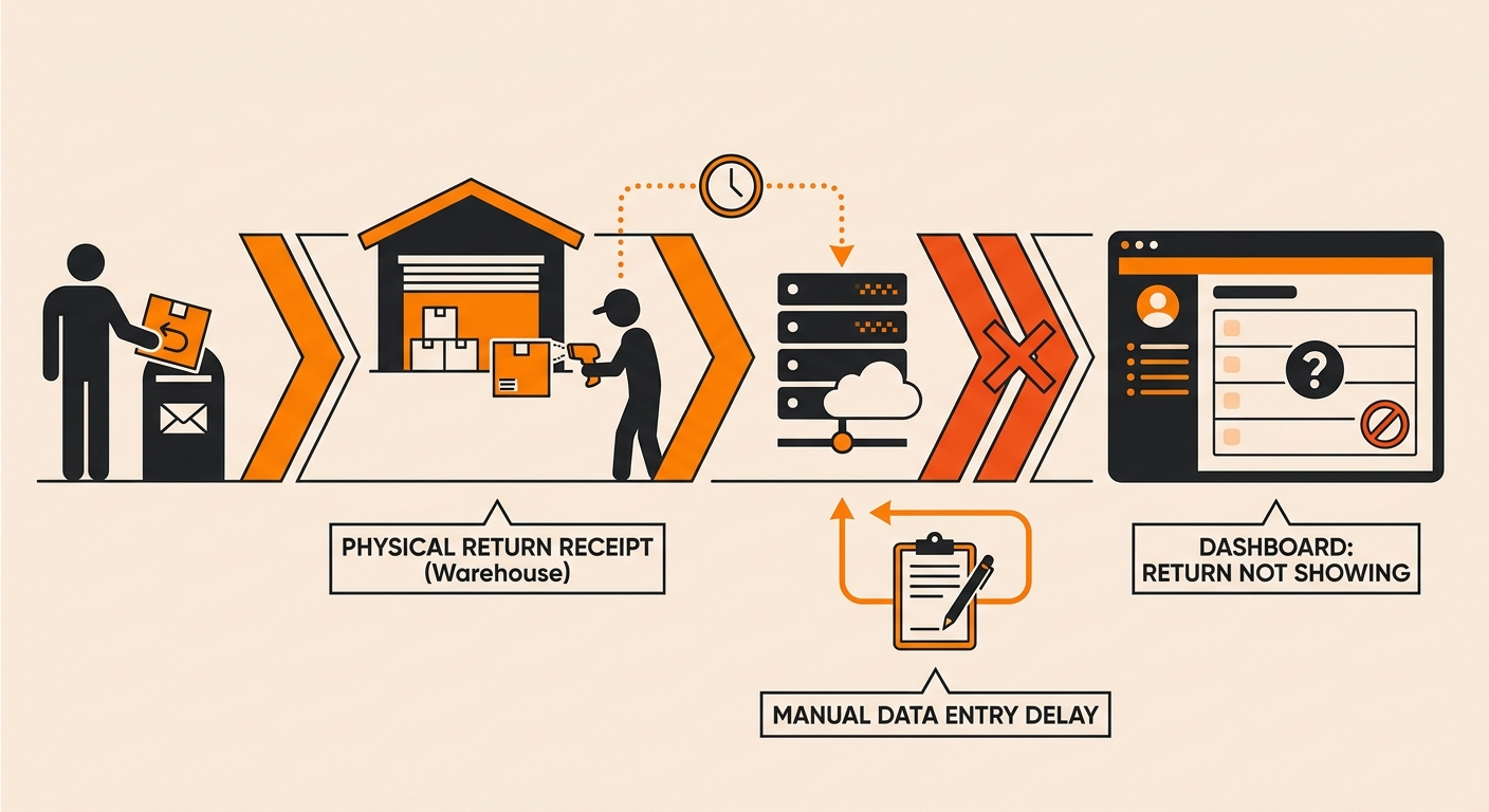 Flowchart showing the return data flow in Fulfyld: carrier scan at regional hub, physical arrival at fulfillment center, WMS dock scan and RMA match, inspection and disposition assignment, dashboard update, and OMS inventory sync